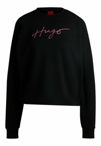 Felpa nera con colletto tondo e maniche raglan. Presenta un logo "Hugo" in corsivo rosa sul davanti. Realizzata in un morbido tessuto testurizzato.