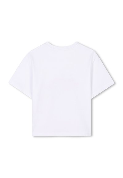 T-shirt blanc à manches courtes, en coton, col rond, coupe décontractée, texture lisse, dos uni, sans motifs ni accents visibles.