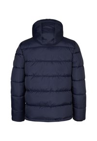 Námornická pufrová bunda s kapucí, s prošívaným designem, lehce lesklým povrchem a elastickými manžetami. Žádné viditelné značení nebo uzávěry.