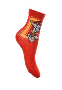 Calcetín de tobillo de algodón rojo con un personaje de perro de dibujos animados, con un diseño amarillo y naranja y acentos en negro, que representa elementos juguetones.