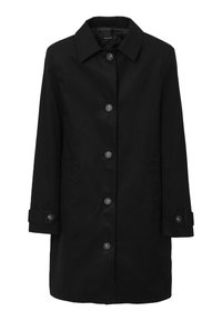 Cappotto in misto cotone nero con colletto classico, chiusura frontale con bottoni e due tasche laterali. Presenta polsini arrotolati e una silhouette dritta.