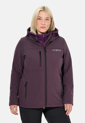 Purple softshell jacket with a hood, zippered pockets, and a logo. Features a smooth texture and a fitted design with adjustable elements.