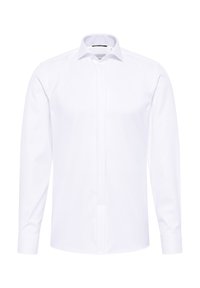 Witte long-sleeve overhemd gemaakt van gladde stof, met een button-down kraag, een voorplacket en ronde mouwdetails.