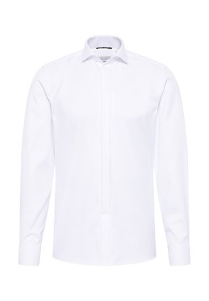 Weißes Langarm-Hemd aus glattem Stoff, mit einem Button-Down-Kragen, einer vorderen Knopfleiste und abgerundeten Manschettendetails.