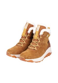 Braune Wildleder-Stiefeletten mit weißem Kunstfellfutter, gelben Schnürsenkeln und texturiertem Mittelsohle. Mit gepolstertem Zunge und Zuglasche.