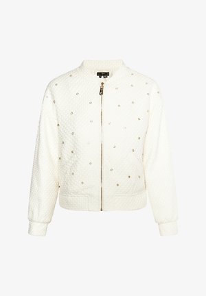 Biała pikowana kurtka bombowca z złotymi ćwiekami, zapinana na zamek, z ściągaczami przy mankietach i elastycznym dołem. Regularny krój z bocznymi kieszeniami.
