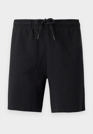 Černé šortky vyrobené z měkké tkaniny. Mají elastický pas s šňůrkou na stažení. Jednoduchý design, bez viditelných vzorů nebo akcentů.