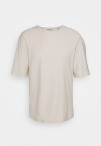 Helles beige T-Shirt mit kurzen Ärmeln, gerippter Textur und Rundhalsausschnitt. Gerade Silhouette und weicher Stoff, geeignet für legere Kleidung.