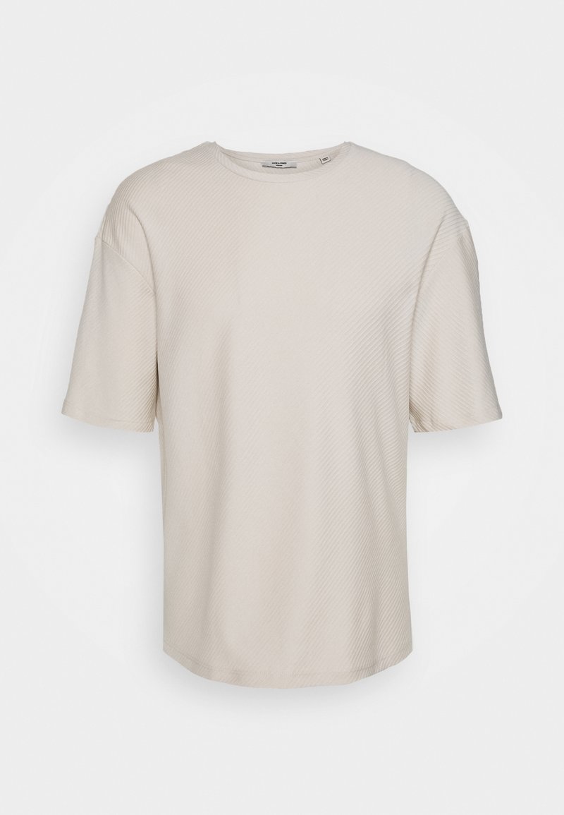 Helles beige T-Shirt mit kurzen Ärmeln, gerippter Textur und Rundhalsausschnitt. Gerade Silhouette und weicher Stoff, geeignet für legere Kleidung.