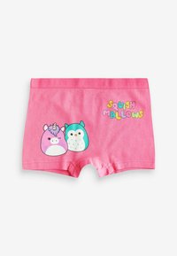 Boxer shorts in cotone rosa con un grafico di un unicorno e un gufo sul davanti, accompagnati dal testo "SQUISH MALLOWS" in lettere colorate.