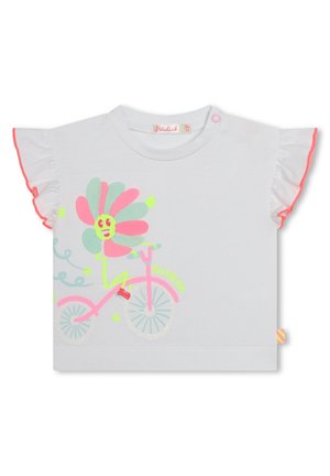 Witte katoenen t-shirt met gerimpelde mouwen, een kleurrijke graphic van een bloem en fiets in roze, groen en blauw, met glinsterende accenten.