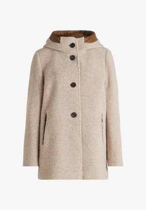 Cappotto di pile beige con superficie testurizzata, cappuccio, fodera marrone, chiusura frontale con bottoni e tasche laterali con dettagli neri.