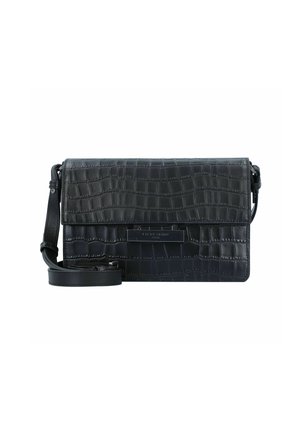 Black faux croc-embossed leather crossbody bag with a magnetic flap closure, adjustable strap, and logo detail on the front.