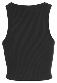 Zwarte geribbelde tanktop met een slanke pasvorm, brede schouderbanden en een ronde halslijn. De stof heeft een gestructureerde uitstraling.
