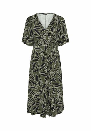 Vestito midi verde a portafoglio con motivi a foglia neri e beige, maniche corte svolazzanti e cintura in vita annodata.