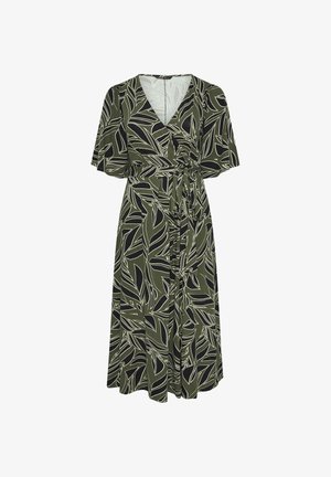 Grøn midi slå-om-kjole med sorte og beige bladmønstre, korte flagrende ærmer og et bindebælte i taljen.