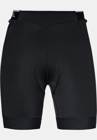 Schwarze Radsportshorts aus atmungsaktivem, strukturiertem Stoff mit einem Mesh-Muster. Verfügt über ein enganliegendes Design, einen glatten Bund und einen knielangen Schnitt.