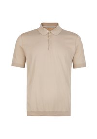 Beige kortärmad polo skjorta i mjukt tyg, med en platt krage, treknappslås och ribbade ärmslut med en slät textur.