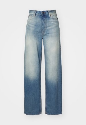 Light blue wide-leg jeans with a high waist, made from denim, featuring a faded gradient, five pockets, and metal hardware accents.