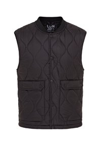 Black quilted vest featuring a round neckline, snap buttons, two front pockets, and a textured surface with a wavy pattern.