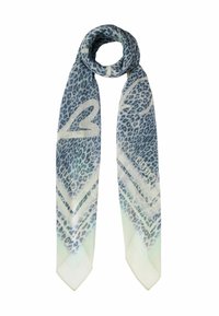 Sjal med leopardprint i nuancer af blå og creme, der har et gradientdesign og diagonale striber. Letvægtigt, tekstureret stof.
