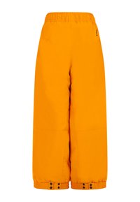 Oranje geïsoleerde broek met een brede silhoët, elastische tailleband en drukknoopsluitingen bij de enkels. Gladde textuur, minimale naden.