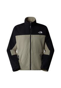 Sort og olivengrøn jakke med høj krave, lynlåslukning foran og logo. Har en farveblokdesign og lange ærmer med justerbare manchetter.