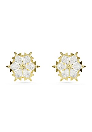 Par de pendientes de botón de oro con forma de estrellas de seis puntas con piedras claras similares a diamantes dispuestas en patrones geométricos.
