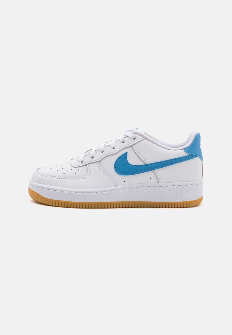 White leather sneaker with blue accents, perforated toe, round laces, and a gum rubber sole. Features "AIR" branding on the heel.