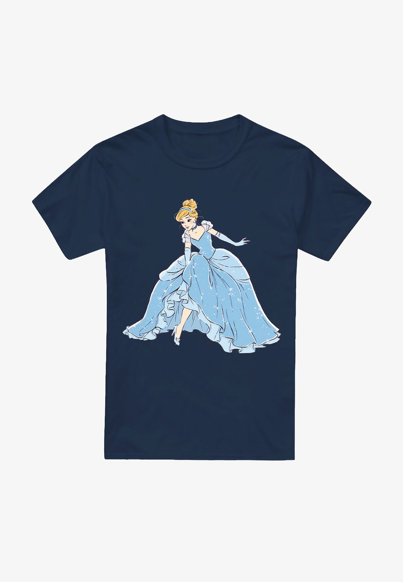 Navy blue T-shirt featuring a cartoon of a princess in a light blue gown with ruffles and sparkle details, set against the dark background.