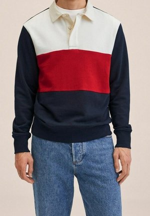 Sweat-shirt Polo présentant un design bicolore en bleu marine, rouge et crème. Confectionné en matière douce, avec un col classique et des boutons.