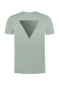 Light green short-sleeve t-shirt featuring a dark green striped triangle design on the back. Smooth texture and simple cut.