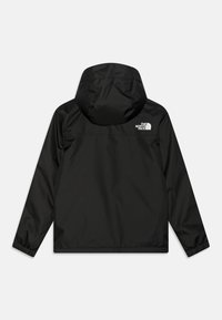 Veste noire imperméable avec une capuche, des poignets élastiques et le logo The North Face au dos. Texture lisse, design décontracté.