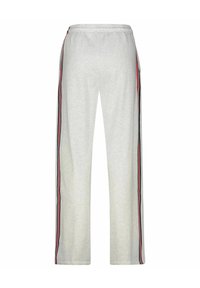 Hellgraue Sweatpants mit elastischem Bund, die seitlich vertikale Streifen in Rot und Marineblau aufweisen. Weicher Jersey-Stoff.