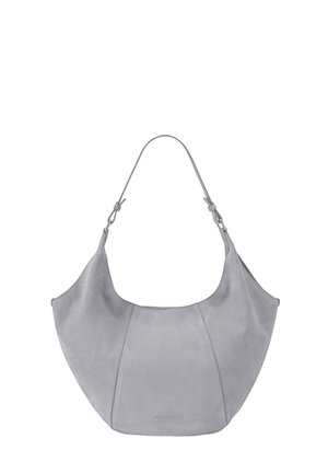 Soft gray suede shoulder bag with a single adjustable strap and subtle vertical stitching on the front.