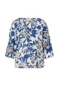 Blouse à motif floral en bleu, blanc et marron. Dispose de larges manches courtes et d'une coupe droite. Tissu doux et texturé.