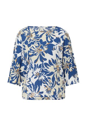 Bluse mit Blumenmuster in Blau, Weiß und Braun. Mit weiten, kurzen Ärmeln und geradem Schnitt. Aus weichem, strukturiertem Stoff.