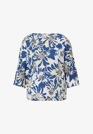 Flower-patterned blouse in blue, white, and brown. Features wide, short sleeves and a straight cut. Soft, textured fabric.