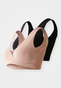 Divi bezšuvju krūšturi, viens gaismas bēšā un otrs melnā krāsā. Izgatavoti no mīksta, elastīga auduma ar platām plecu siksnām un bez stieples.