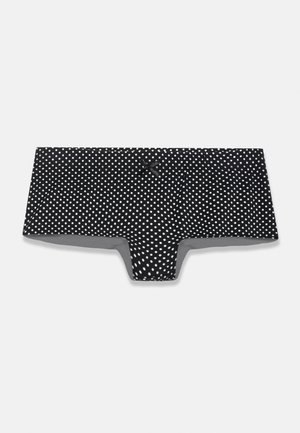 Schwarze Damen-Boyshorts mit kleinen weißen Punkten und einer kleinen dekorativen Schleife vorne in der Mitte.