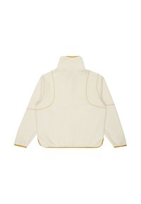 Fleece-Pullover in Off-White mit orangefarbener Einfassung. Hoher Kragen, lange Ärmel und geschwungene Nähte auf der Rückseite. Weicher Stoff und lockere Passform.