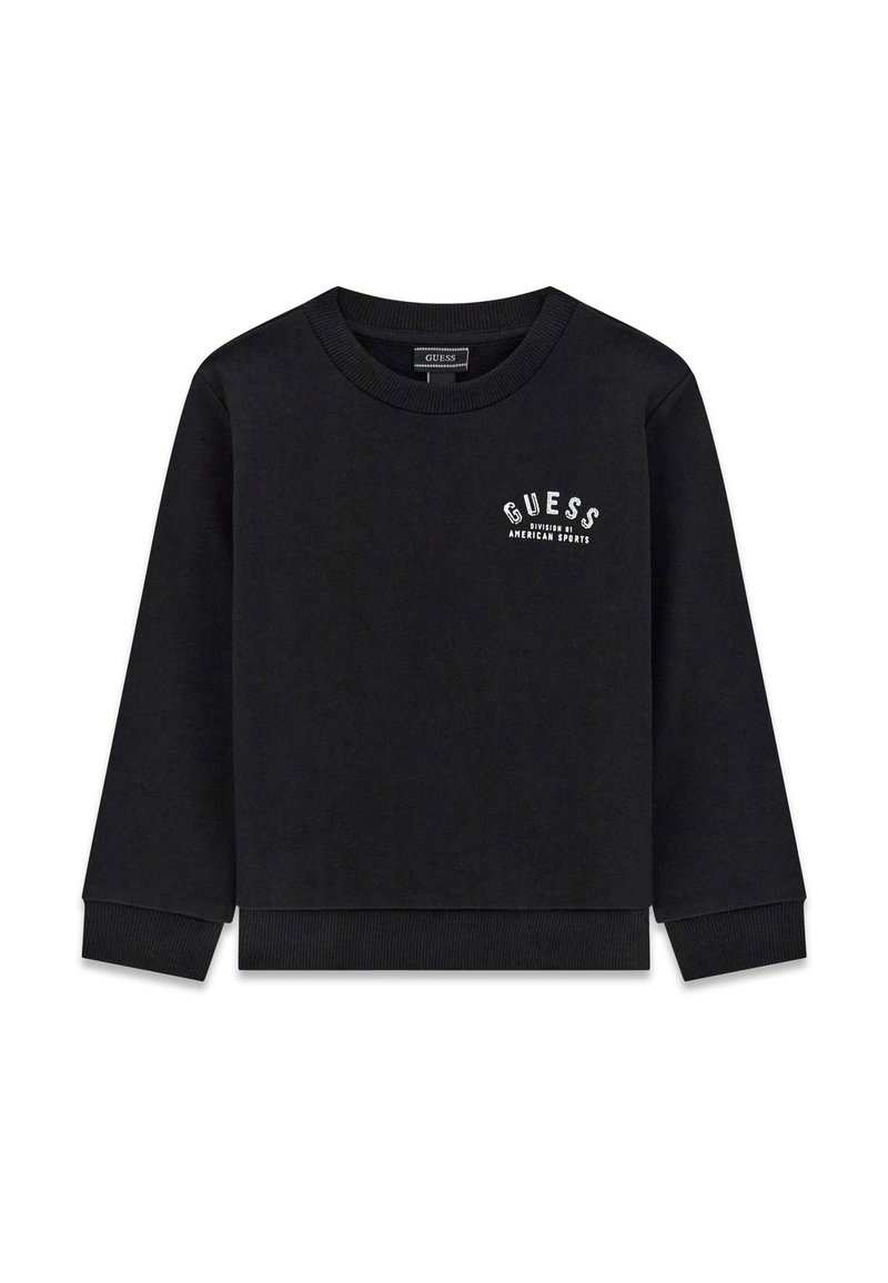 Sweat-shirt noir à manches longues avec col rond, poignets et ourlet côtelés, avec un petit texte blanc "GUESS Division 01 American Sports" sur la poitrine gauche.