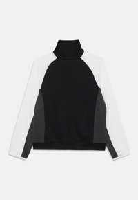 Pullover em blocos de cor preto, branco e cinza com gola alta, mangas raglan e tecido texturizado. Apresenta um acabamento ajustado.
