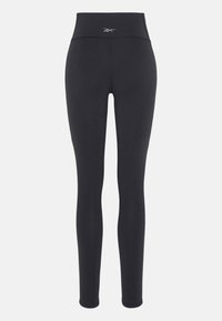 Svarte leggings laget av elastisk stoff, med høy midje og glatt tekstur. Logo-detall ved midjen, ingen synlige mønstre.
