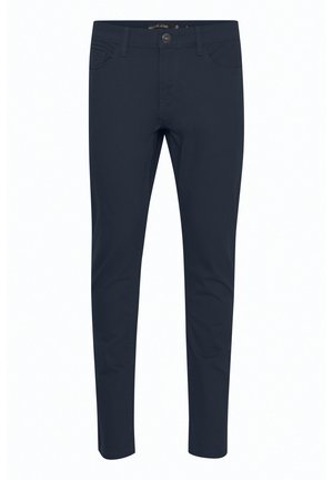 Marineblauwe slim-fit broeken, gemaakt van een katoenmix, met een klassieke vijf-pocketdesign, een soepele textuur en een metalen knoopsluiting.
