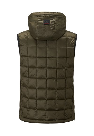 Olivengrüne Steppweste mit Kapuze, mit einem gesteppten Muster, Reißverschlussakzent am Saum und einem Label auf der Rückseite.