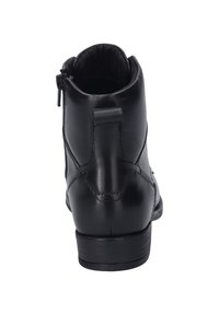 Black leather ankle boot with a smooth finish, rear zipper closure, round toe, and a low, stacked heel. Simple design with minimal accents.