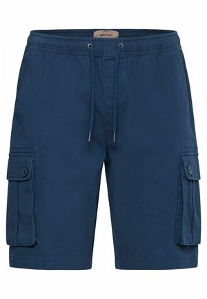 Ναυτικό μπλε cargo σορτς με ελαστική μέση και κορδόνι, διαθέτοντας δύο πλευρικές τσέπες με καπάκια και λεπτομέρειες από κουμπιά.