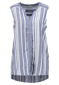 Blusa sin mangas de rayas azules y blancas, con escote en V, tapeta de botones y un dobladillo trasero ligeramente más largo. Fabricada en tela ligera.