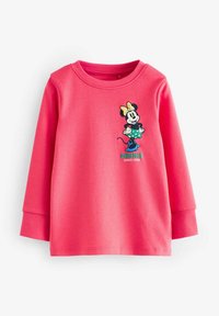 Maglietta a maniche lunghe rosa realizzata in un tessuto morbido, decorata sul davanti con una grafica di Minnie Mouse con un fiocco giallo e una gonna a pois verdi.
